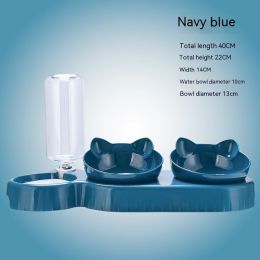 Plastic Double Bowl Anti Roll Pet Products For Cats (Option: Three Bowls Dark Blue)