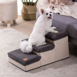 3 Tiers Foldable Dog Stairs; Pet Steps for Small to Medium Dogs; Dog Ladder Storage Stepper for Bed Sofa Couch (Color: Grey)