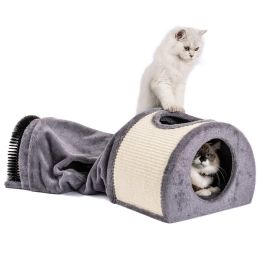 Cat Tunnel Bed Cat House Sisal Scratching Bed with Self Groomer Massager Plush Balls Collapsible for Indoor Cats (Color: Grey)